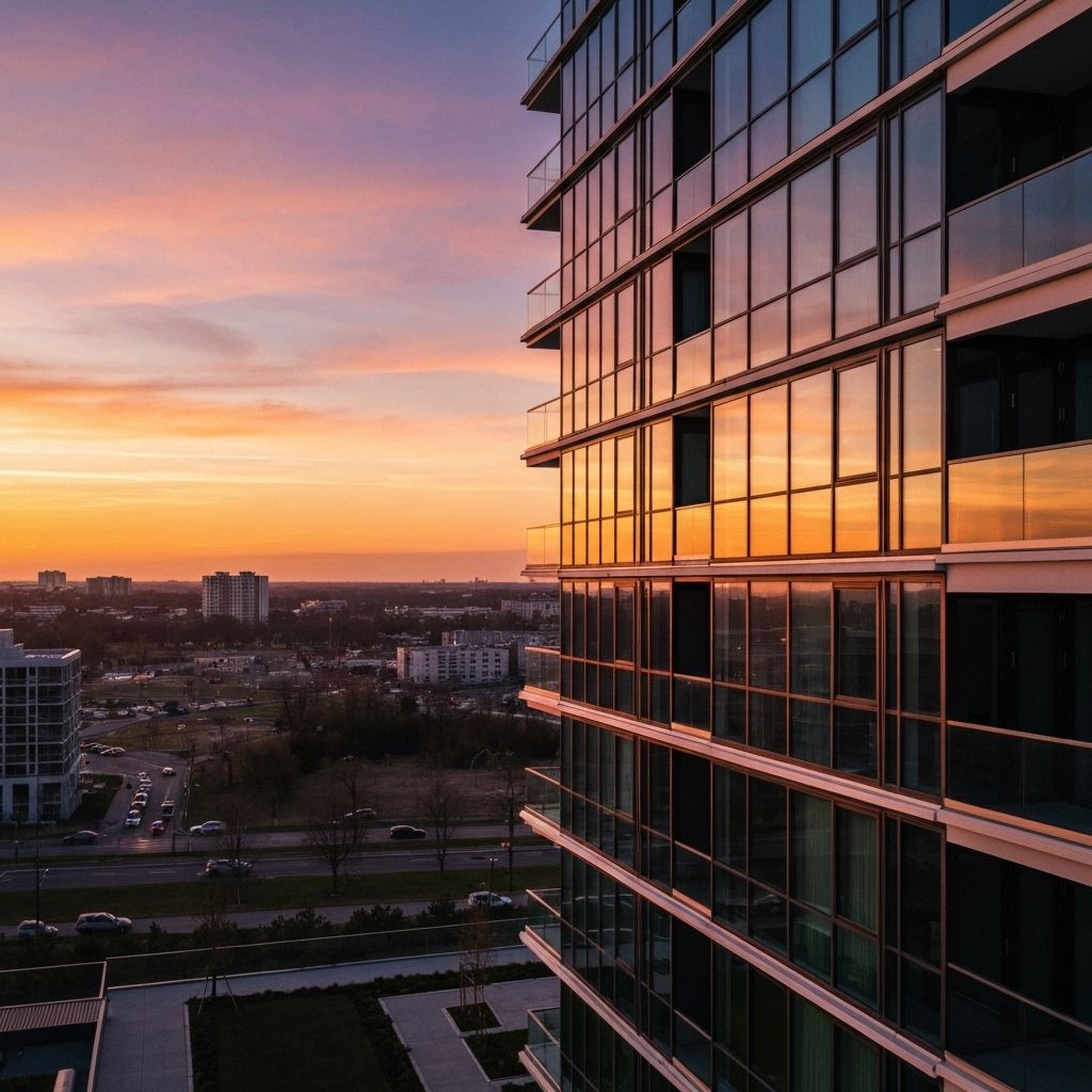 Contemporary residential tower exterior at sunset